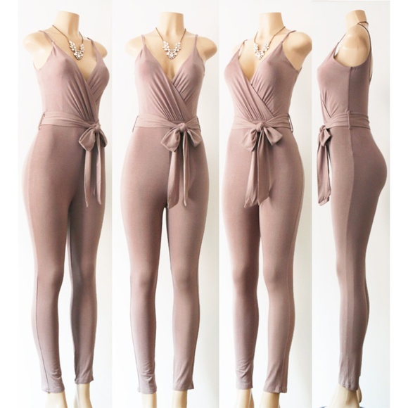 Trac Pants - Mocha Taupe Surplice V Neck Sexy Bodycon Jumpsuit